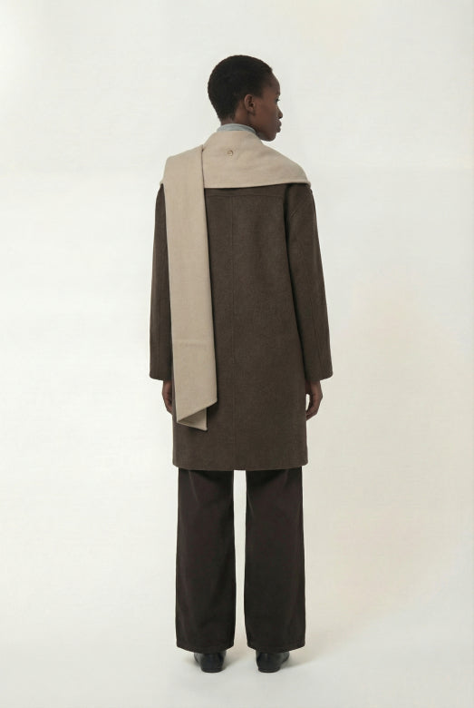 Komichi Wool Blend Coat with Scarf in Chocolate