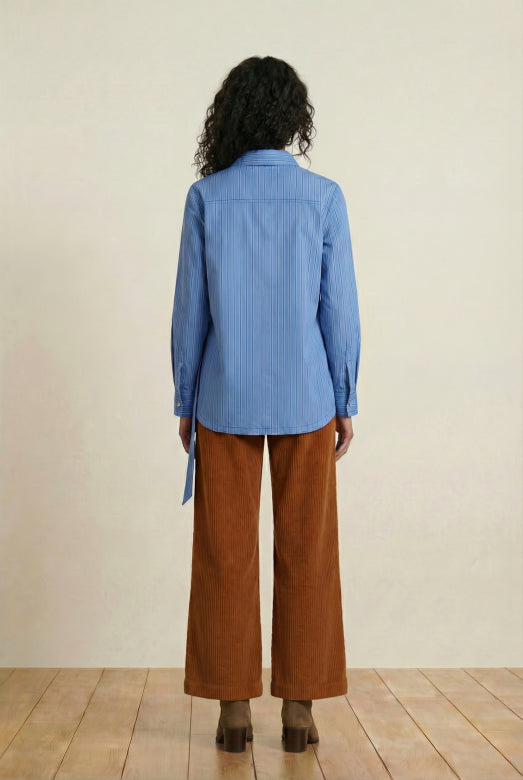 Gessy-S Tie Waist Stripe Shirt in Blue