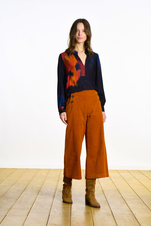 Gwendy Corduroy Cropped Sailor Trousers in Turmeric