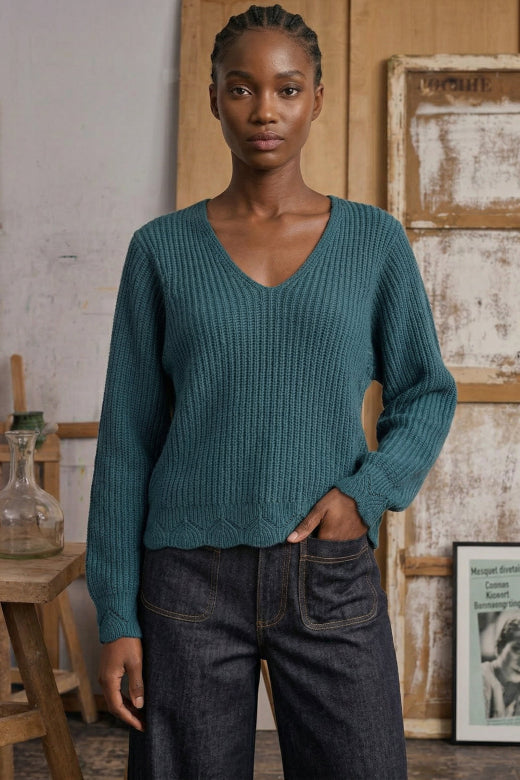 Ginola Fisherman Rib Knit Jumper in Petrol