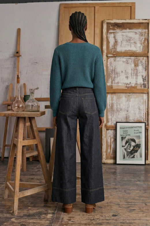 Ginola Fisherman Rib Knit Jumper in Petrol