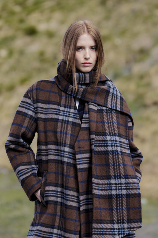 Komicho-A Check Wool Blend Coat with Scarf in Chocolate