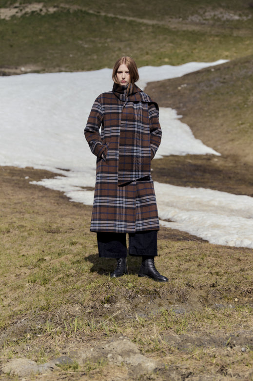 Komicho-A Check Wool Blend Coat with Scarf in Chocolate