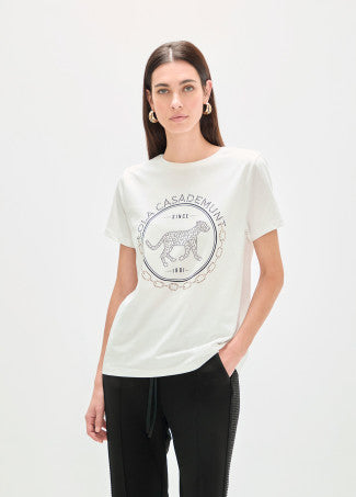 Rounded Logo T-shirt with Rhinestones in White