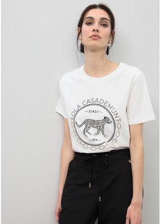 Rounded Logo T-shirt with Rhinestones in White