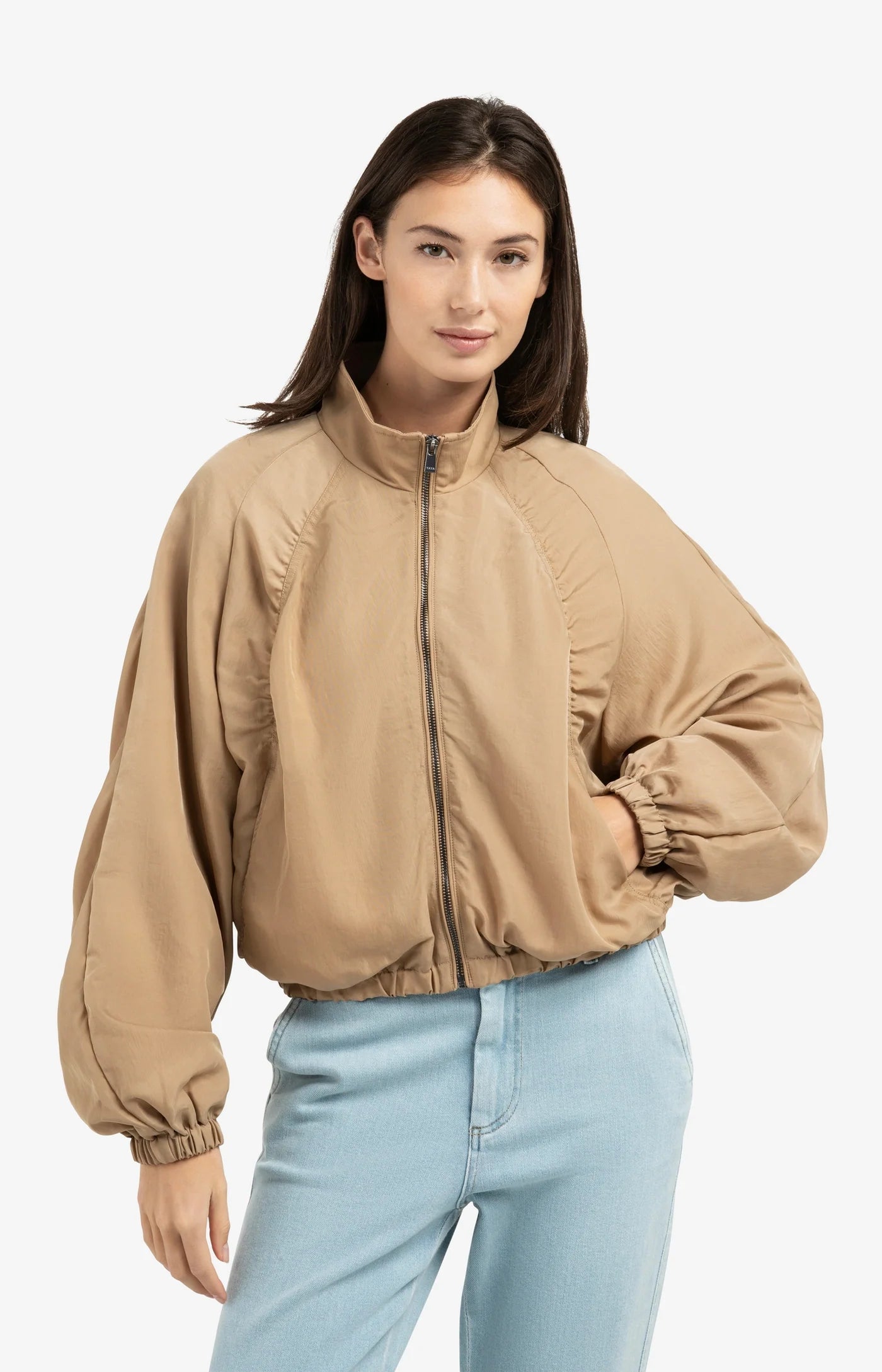 Oversized Pleated Detail Jacket in Tan Brown