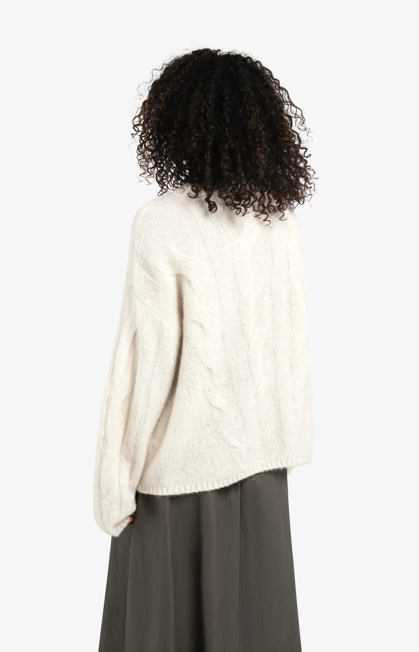 Round Neck Cable Sweater in Wool White
