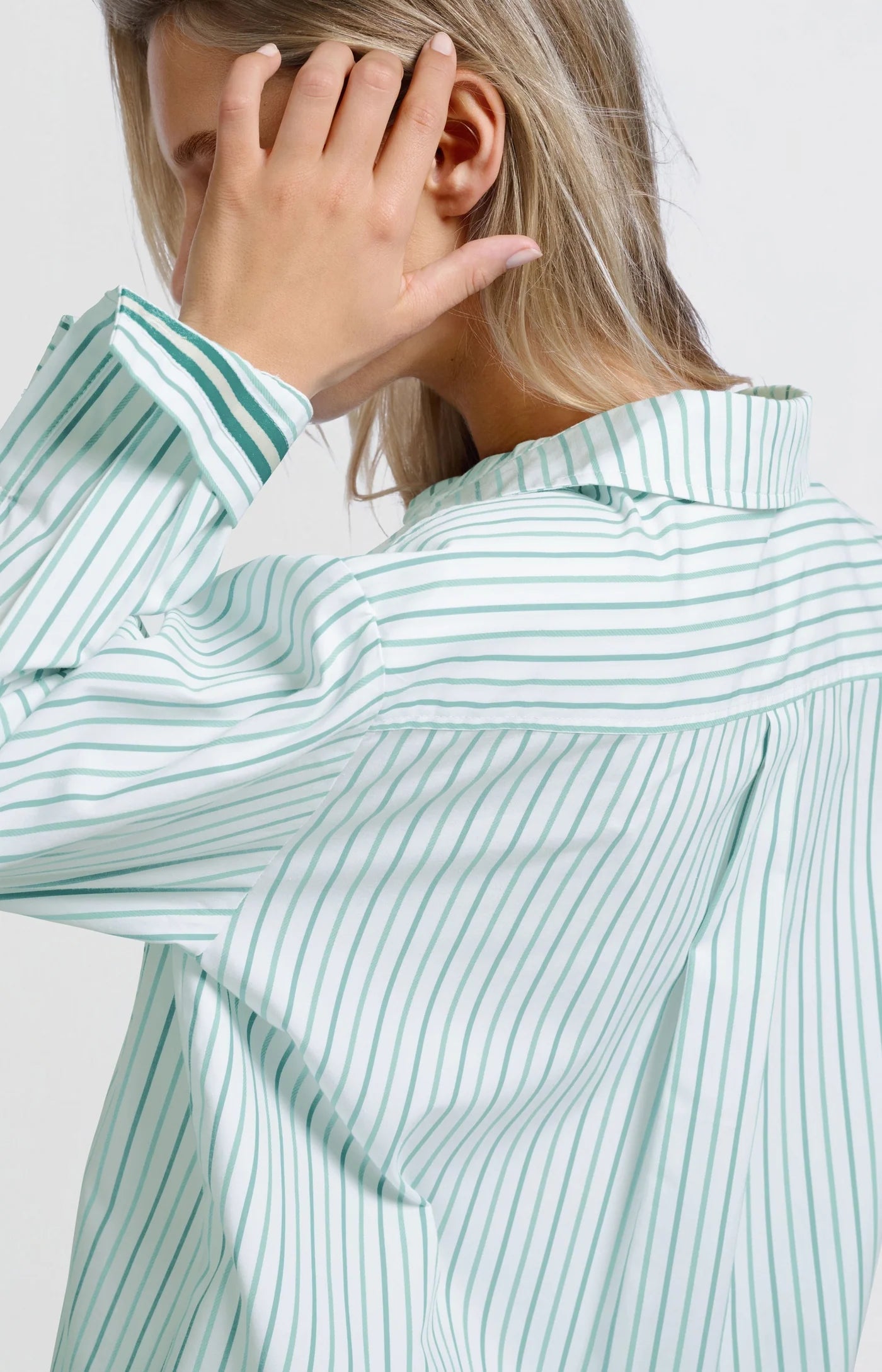 Striped Blouse with Cuff Tape in Lagoon Blue Dessin