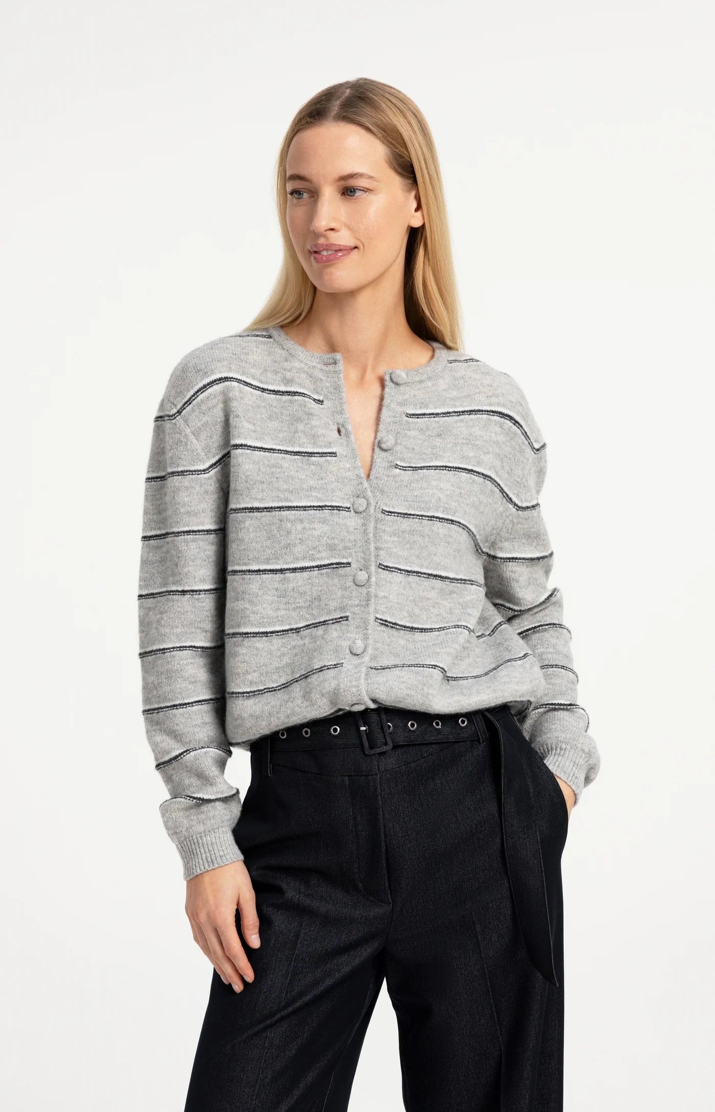 Knitted Striped Cardigan Long Sleeve in Medium Grey Melange