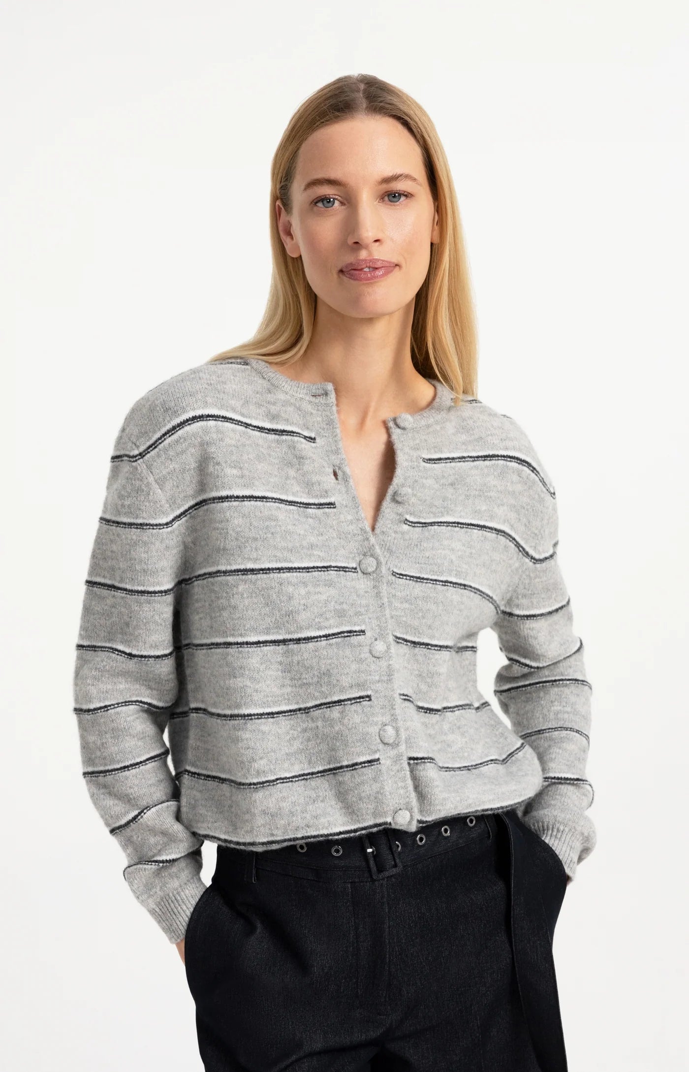 Knitted Striped Cardigan Long Sleeve in Medium Grey Melange
