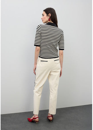 Striped Polo Collar T-shirt in Ecru/Black