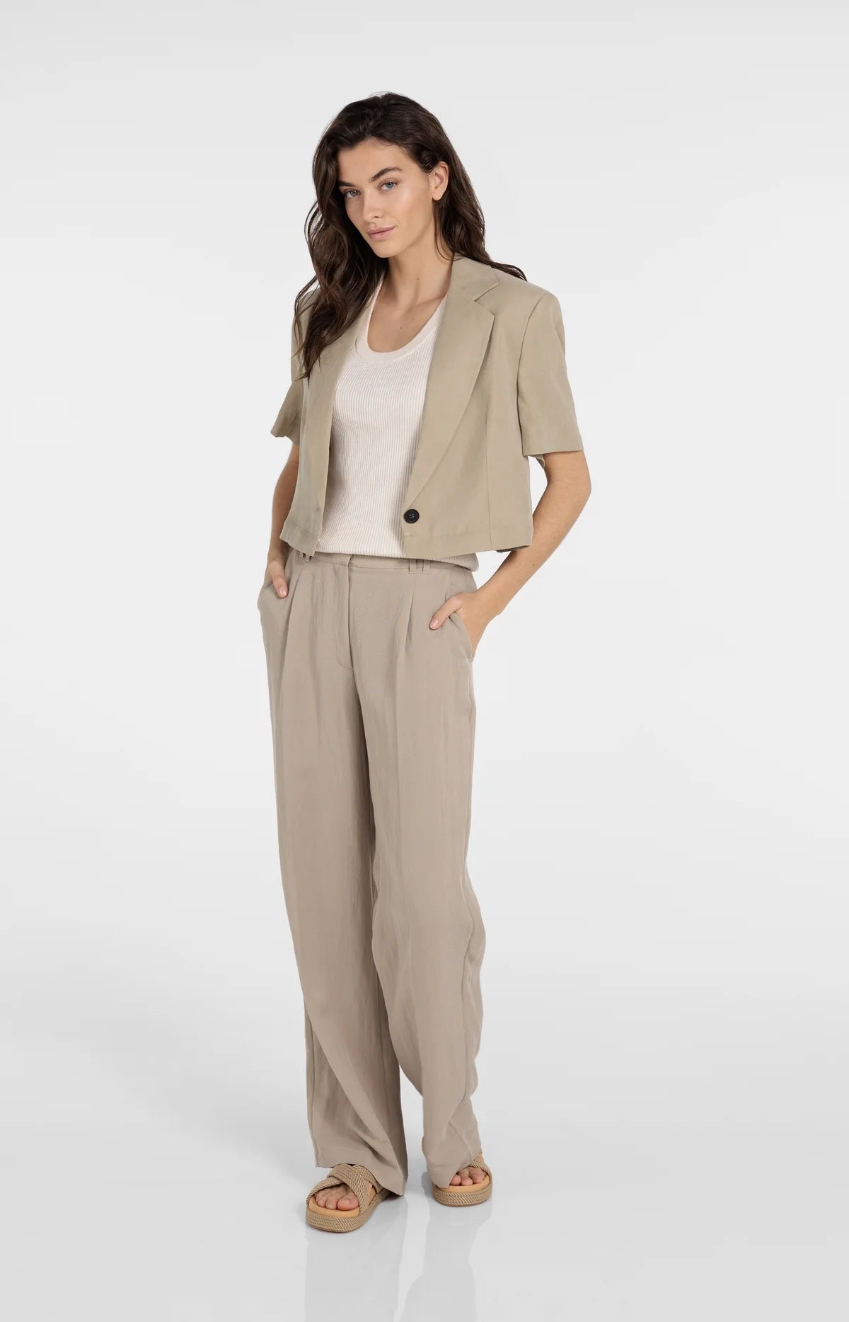 Short Sleeve Blazer with Detachable Zip Hem in Crockery Brown