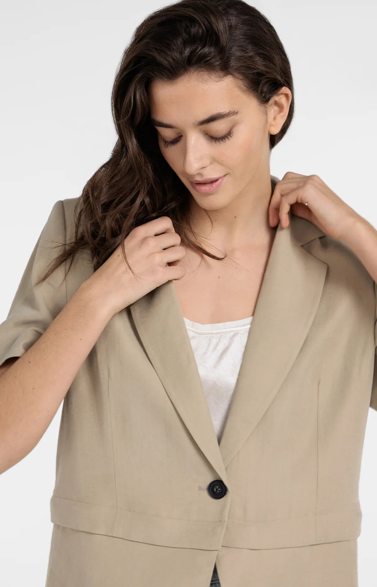 Short Sleeve Blazer with Detachable Zip Hem in Crockery Brown