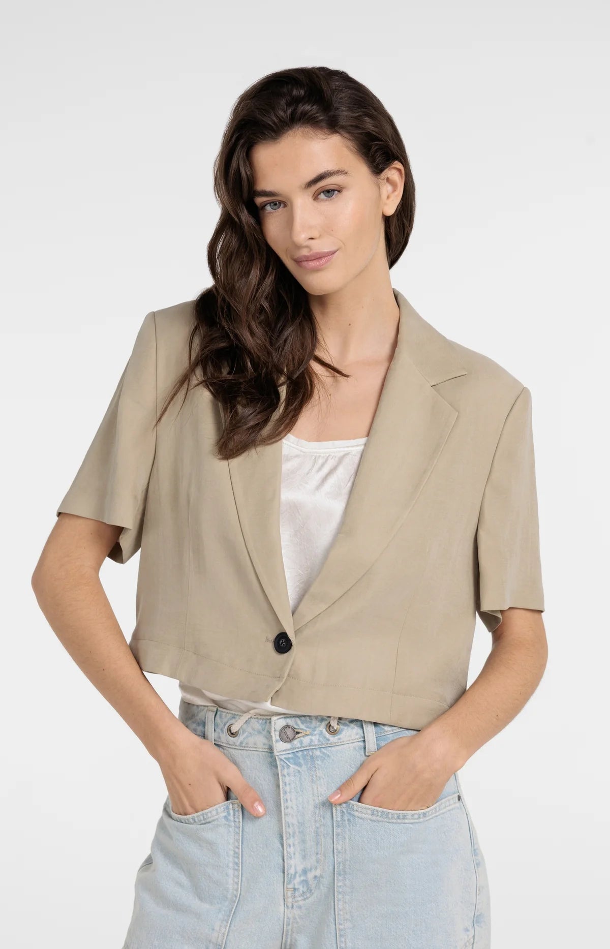 Short Sleeve Blazer with Detachable Zip Hem in Crockery Brown