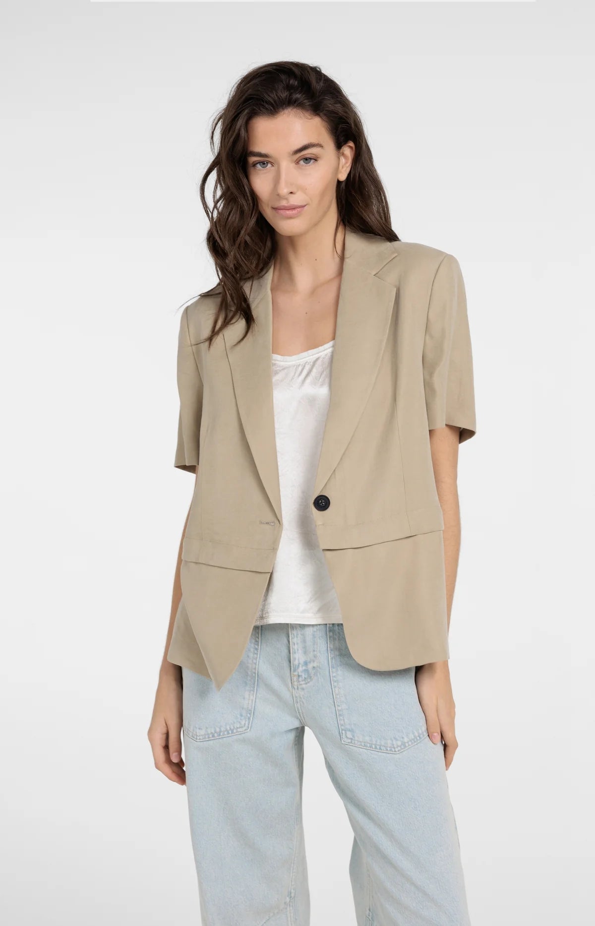 Short Sleeve Blazer with Detachable Zip Hem in Crockery Brown